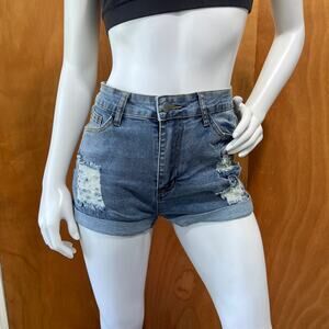 Women’s Distressed Cuffed Denim High Waist Jean Shorts Size M